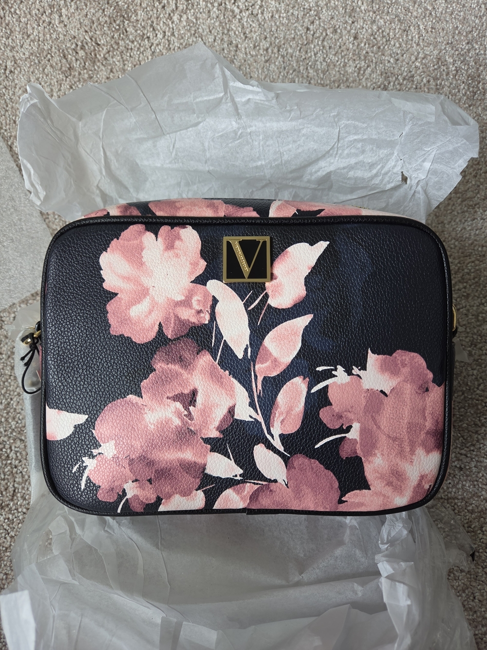 Floral Print Crossbody Bag in Black and Pink